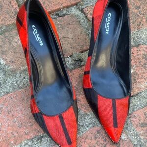 COACH Red and Black Plaid Pointed Pumps